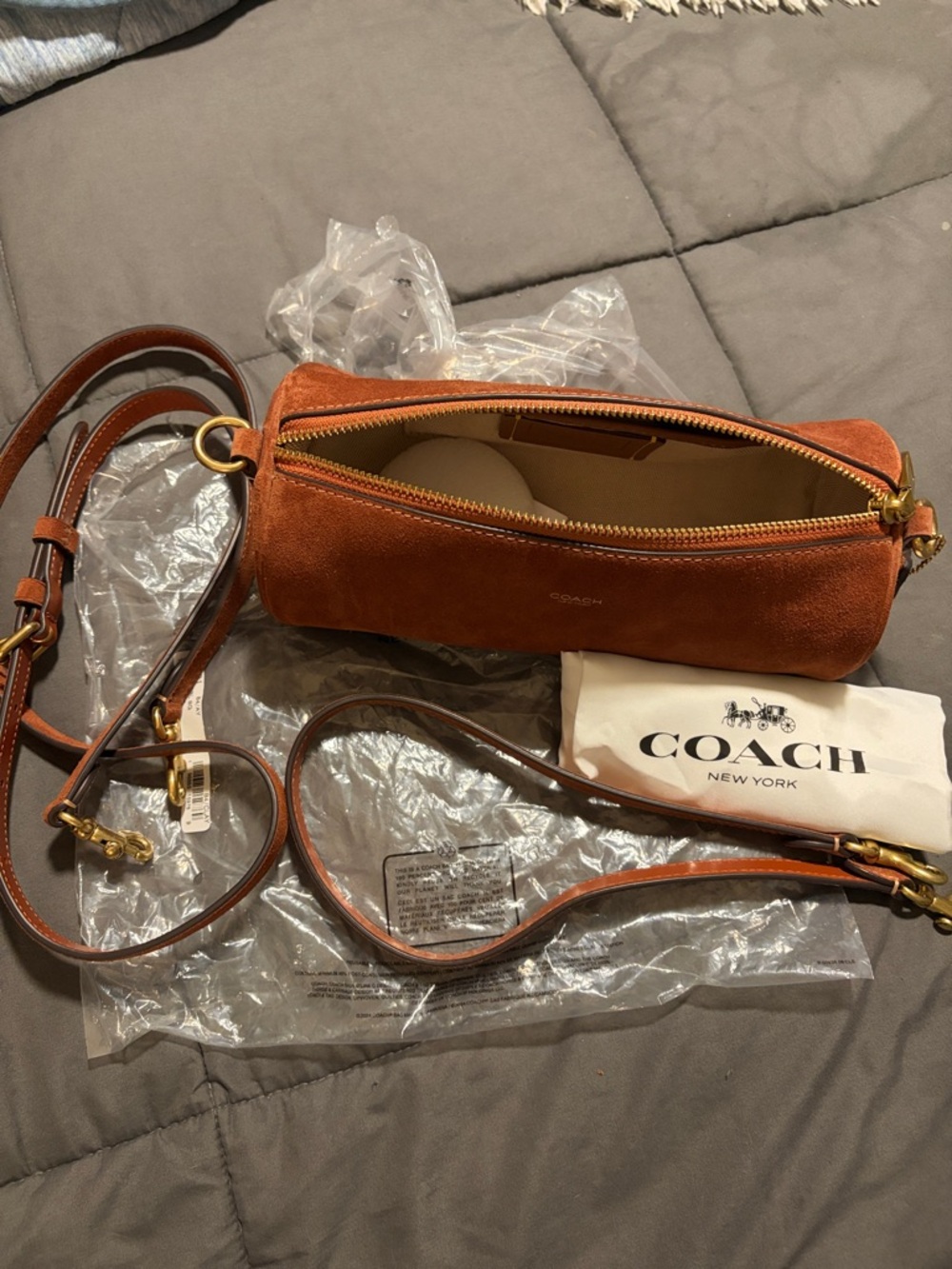 COACH Suede Barrel Crossbody Bag in Rust Orange